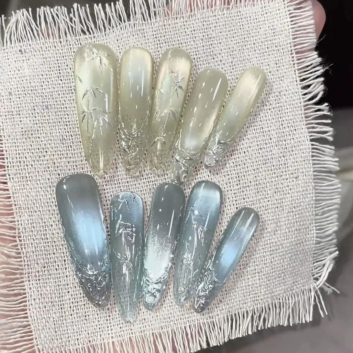 蓝绿CP气质国风小众竹子猫眼爆闪显白纯手工可拆卸穿戴甲美甲贴片