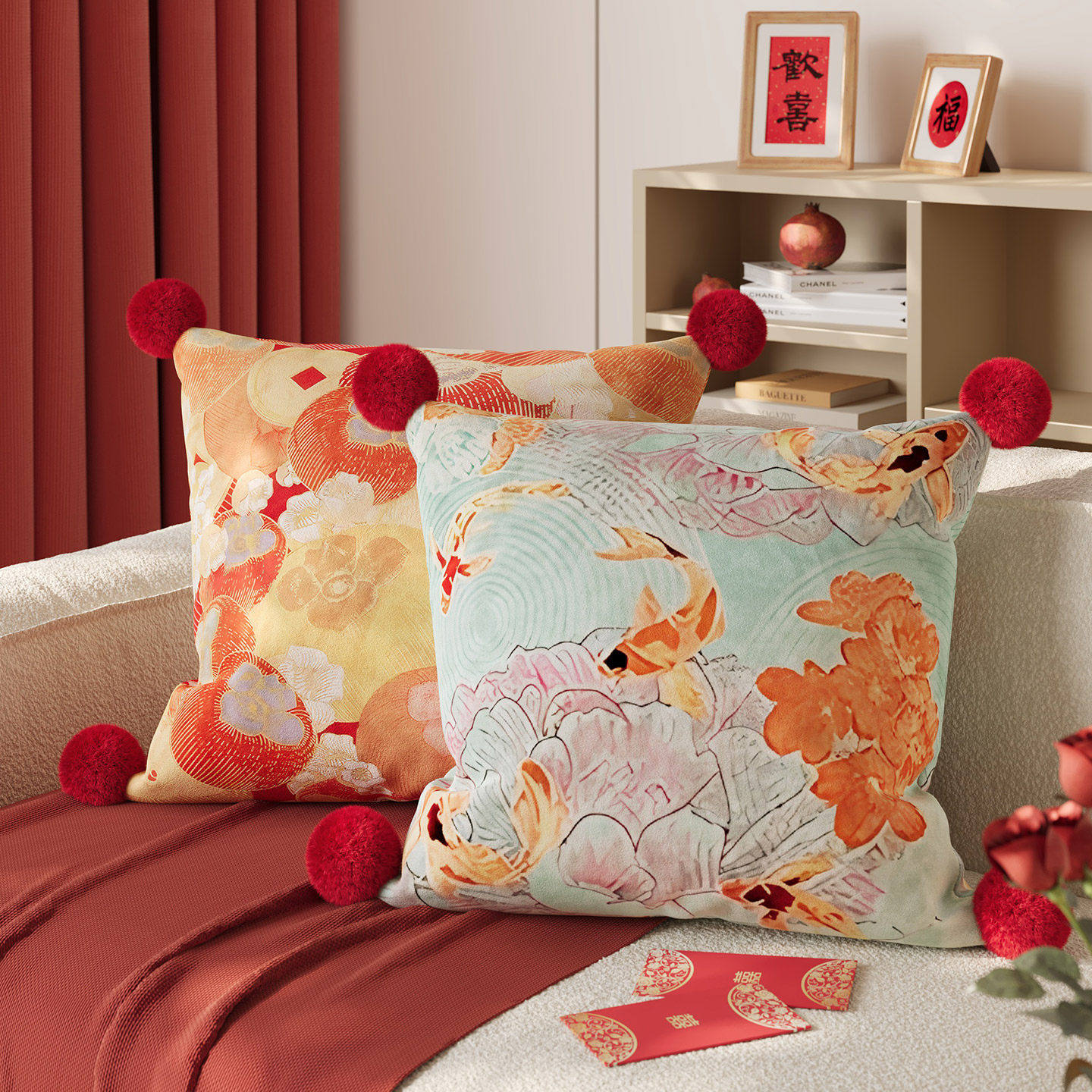 新中式红色抱枕新年靠枕客厅沙发靠背卧室床头靠垫腰靠含芯可拆洗,居家布艺,靠垫/抱枕,淘宝优惠券,粉丝福利购,淘宝优惠卷