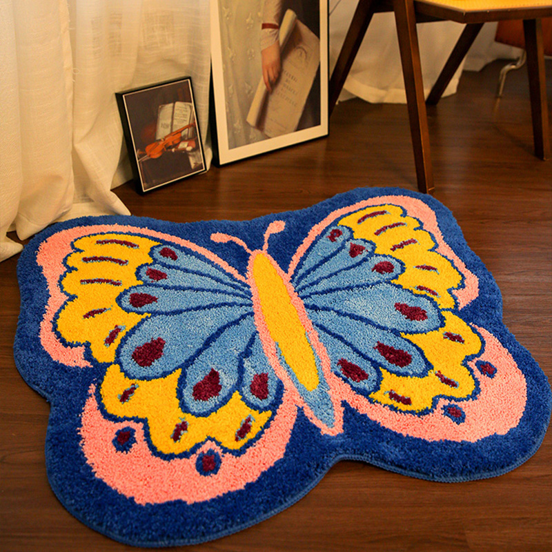 卡通蝴蝶植绒地毯家用吸水防滑植绒地垫客厅卧室床边毯书房防滑垫