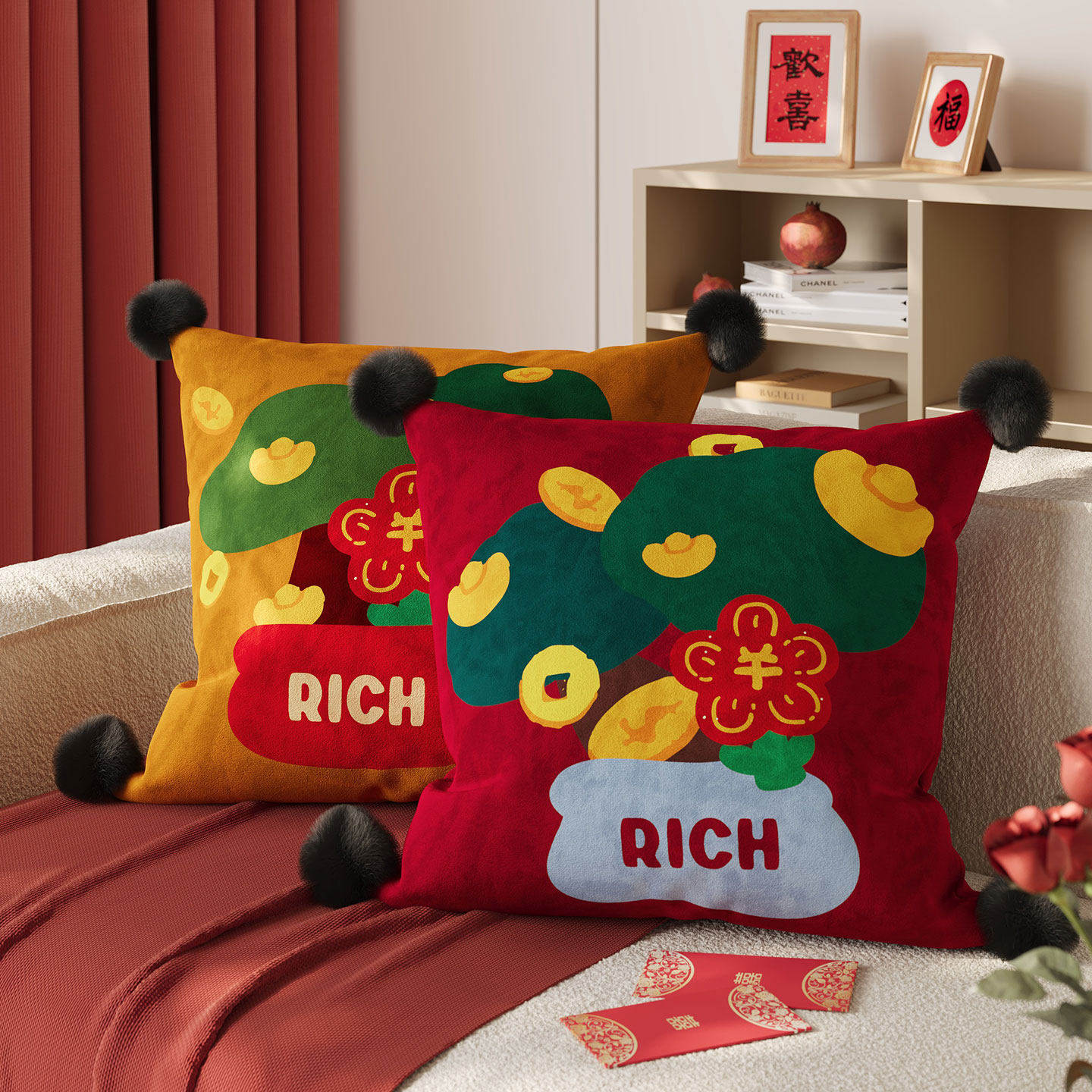 红色抱枕套过年客厅沙发含芯新年装饰腰靠床头飘窗靠枕靠垫可拆洗,居家布艺,靠垫/抱枕,淘宝优惠券,粉丝福利购,淘宝优惠卷