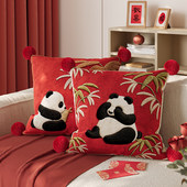 可爱熊猫红色喜庆抱枕套客厅沙发靠背靠垫腰枕床头新年装 饰可拆洗