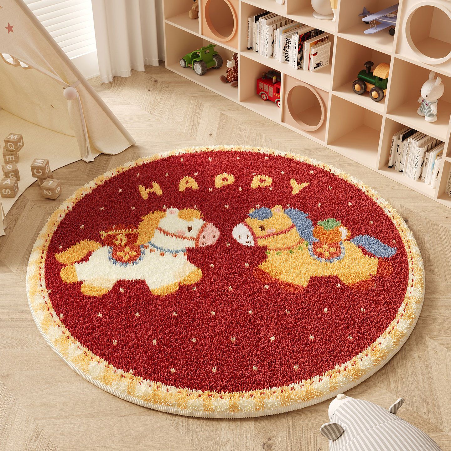马年红色新年地毯卧室圆形阅读区卧室客厅床边毯地垫防滑装饰脚垫,居家布艺,地毯,淘宝优惠券,粉丝福利购,淘宝优惠卷