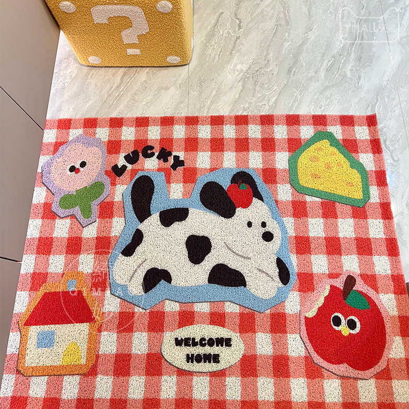 入门户丝圈地垫红色格子地毯进门门口门垫耐脏蹭土小狗入门脚垫子