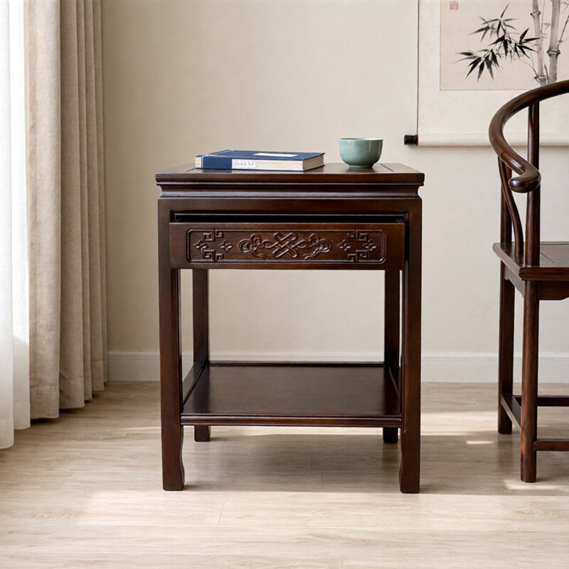 带抽屉新中式榆木简约盆景架大气图片