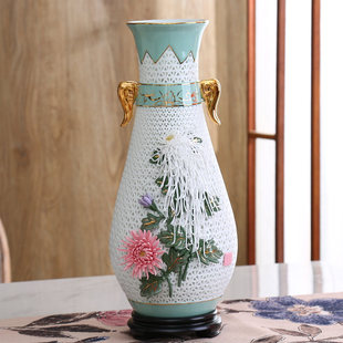 潮州手工通花花瓶中式 新品 工艺品镂空陶瓷花瓶客厅摆设博古架装 饰