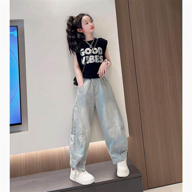 女童牛仔裤夏装2025新款薄款儿童宽松弯刀裤初中生阔腿夏季薄款潮