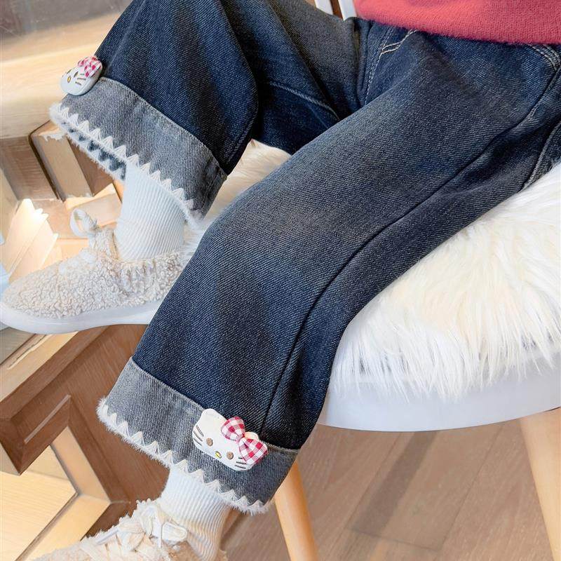 女童加绒裤子秋冬儿童一体绒牛仔裤2025新款洋气女宝宝加厚阔腿裤