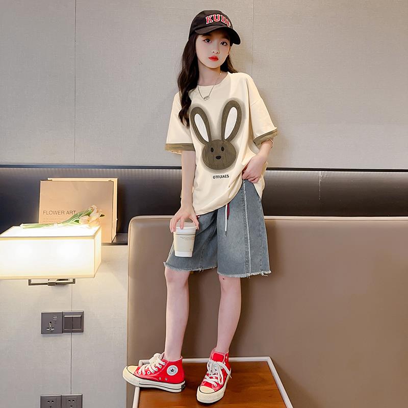 女童短袖t恤套装夏季爆款2025新款洋气中大童牛仔短裤夏装两件套