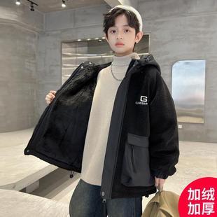男童羊羔绒外套秋冬装2024新款中大儿童加绒加厚棉服男孩秋季棉衣