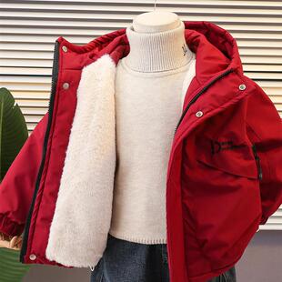 男童红色外套加绒加厚秋冬季2025新款帅气儿童棉衣宝宝冬装棉服潮