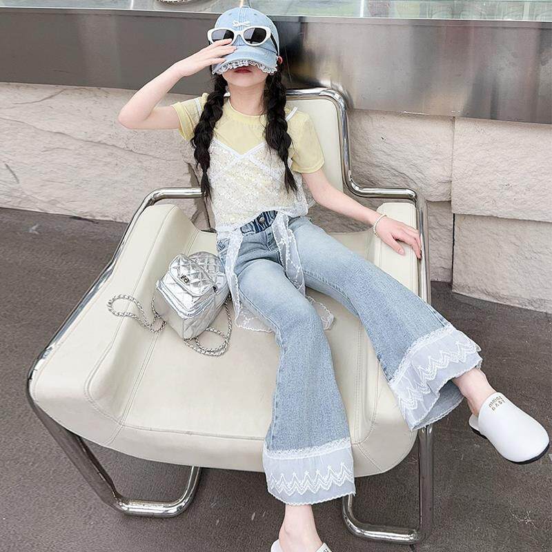 女童喇叭裤春装2025新款儿童花边裤子修身女孩大童春夏微辣牛仔裤