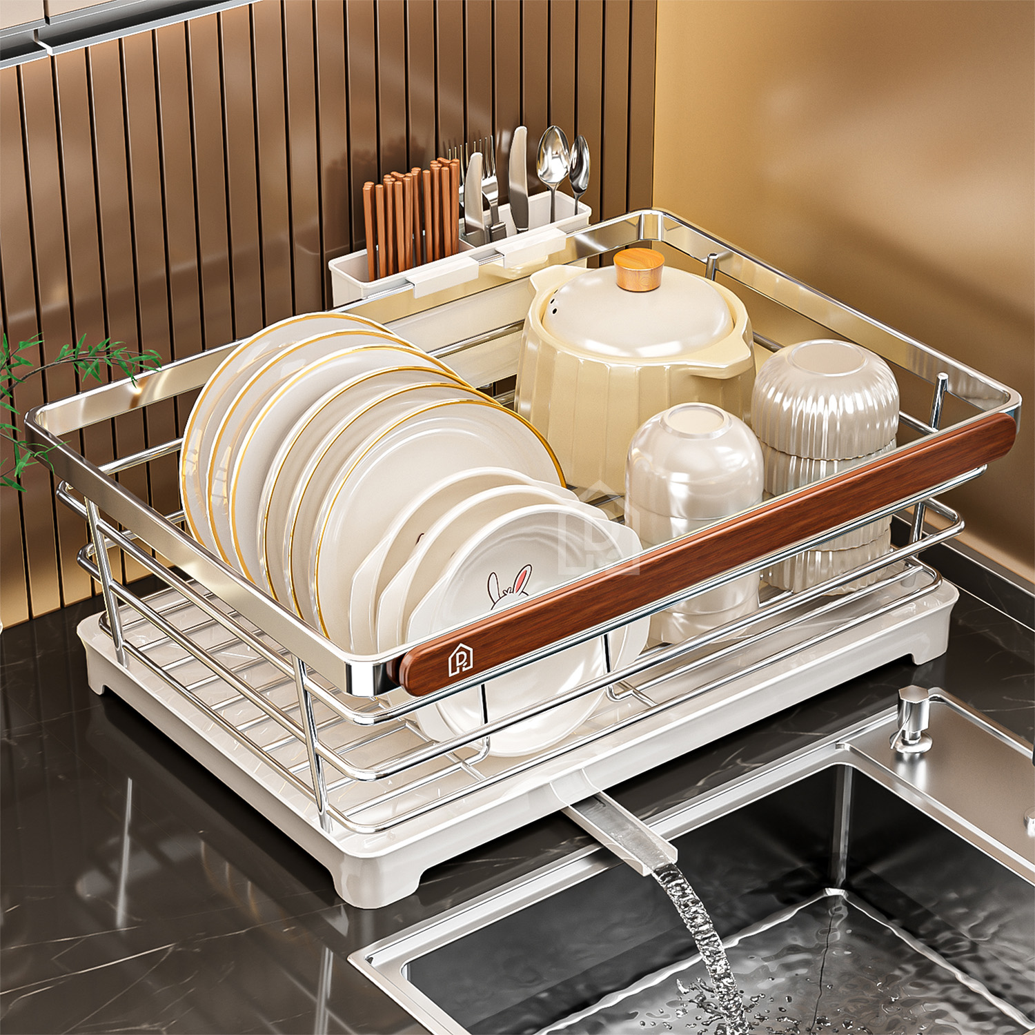 304不锈钢中式碗碟收纳架厨房置物架多功能台面放碗筷盘沥水碗架