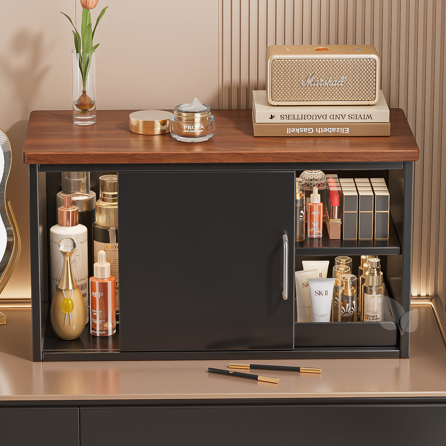 桌面收纳盒化妆品置物台面防尘柜办公室抽屉储物柜杯子架带门家用