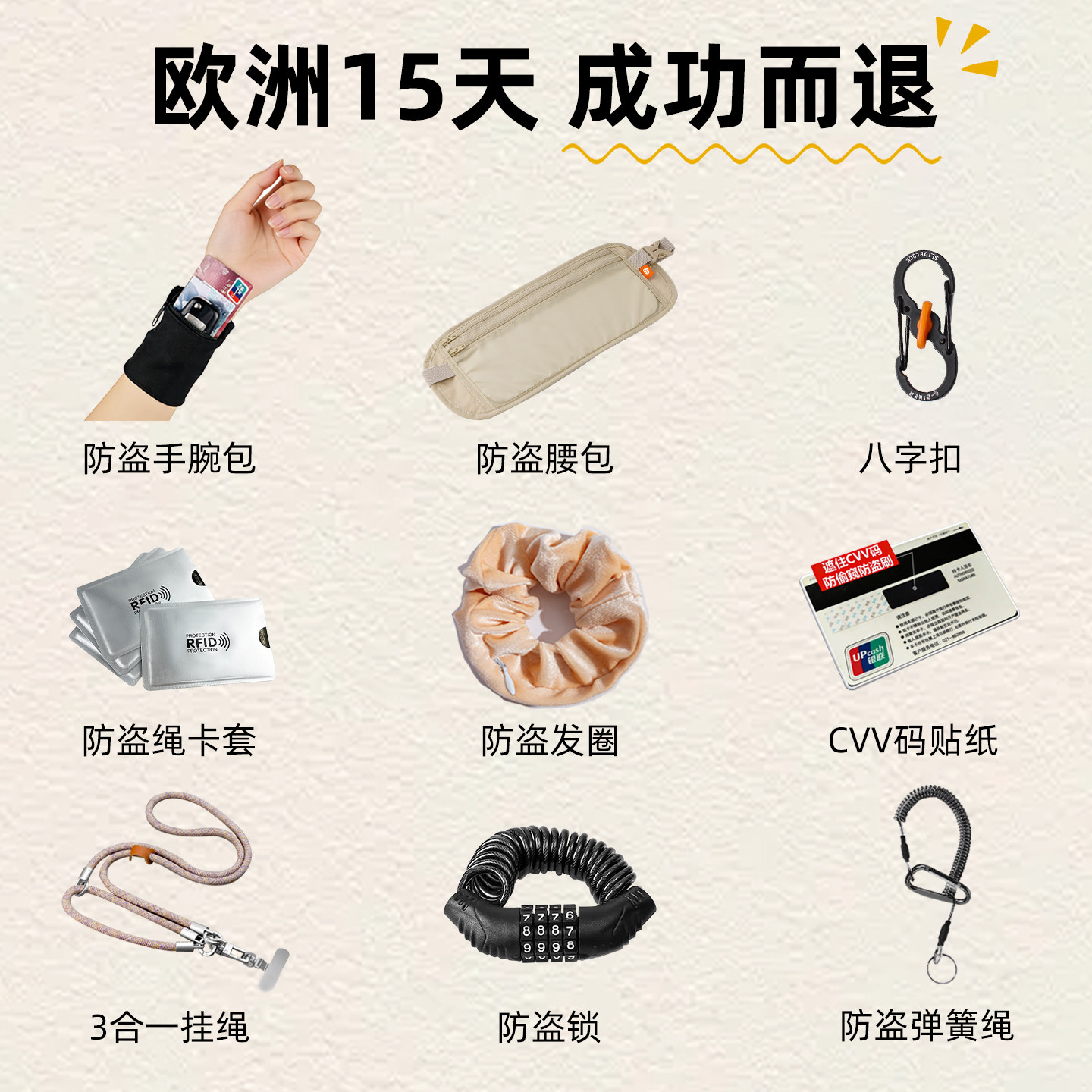 欧洲防盗包出国防偷神器零钱现金护照隐形腰包手包行李箱防丢绳锁
