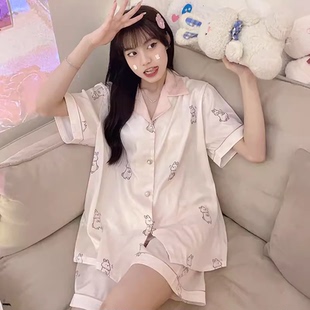 高级感卡通甜美网红风家居服套装 爆款 开衫 冰丝凉感睡衣女夏季 短袖
