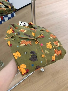显白橄榄绿可爱小狗印花长袖 睡衣女春秋款 网红休闲家居服大码 套装