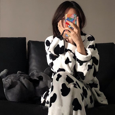 ins韩国可爱奶牛珊瑚绒情侣睡衣