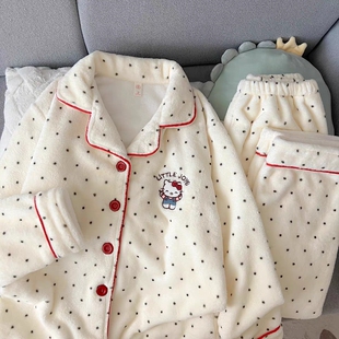 法兰绒睡衣女冬季珊瑚绒卡通KT猫保暖学生宿舍甜美可爱家居服套装