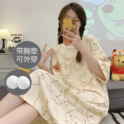 睡裙少女夏季短袖纯棉带胸垫卡通