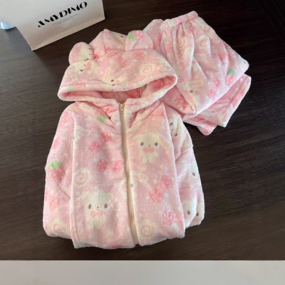 日系甜美可爱兔子连帽珊瑚绒睡衣