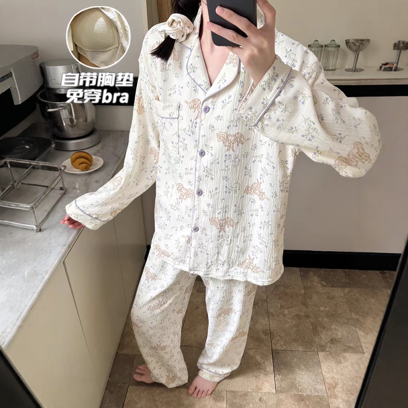 双层提花棉睡衣女款春秋季带胸垫长袖长裤田园少女秋冬家居服套装