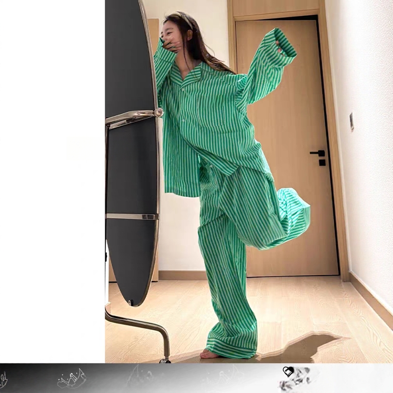 韩版ins简约条纹睡衣女2025春秋