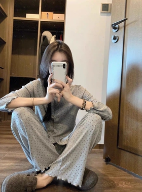 韩系灰色碎花睡衣女春秋款2025新款甜美休闲长袖长裤家居服两件套