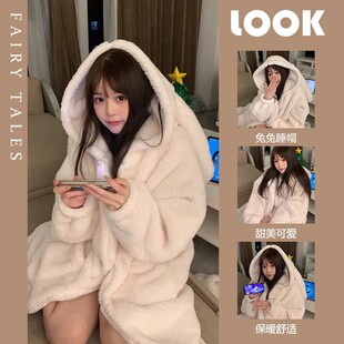 兔耳朵连帽珊瑚绒睡衣女款冬季2023年新款加厚保暖睡裙家居服睡袍