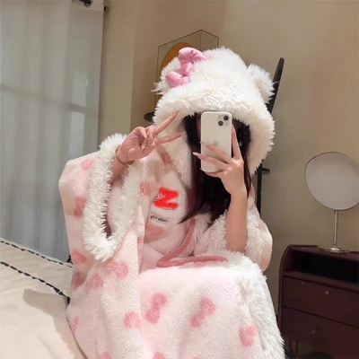 KT猫睡袍女秋冬季珊瑚绒中长款加