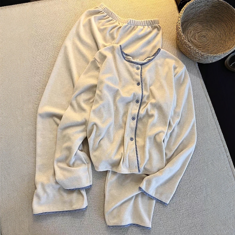 韩系简约风撞色德绒睡衣女冬季