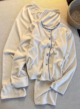 Sin Glee 韩系简约风撞色德绒睡衣女冬季保暖长袖长裤居家服套装