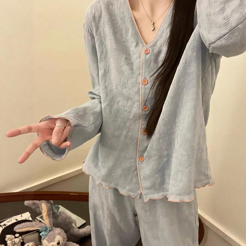 纯棉睡衣女士春秋新款长袖木耳边