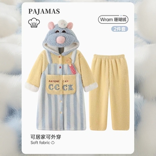 料理鼠王连帽睡袍女秋冬季加绒加厚保暖珊瑚绒浴袍可爱睡衣家居服