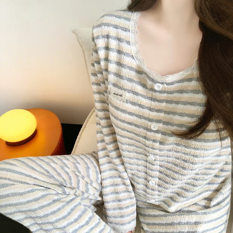 条纹蕾丝长袖睡衣女带胸垫2026春秋季甜美花边套头针织家居服套装
