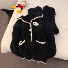 韩版可爱熊猫针织半边绒睡衣女秋冬款加厚保暖毛绒家居服大码套装