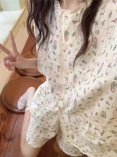 卡通兔子可爱棉麻睡衣春秋女款 家居服两件套 夏季 纱布蕾丝花边长袖