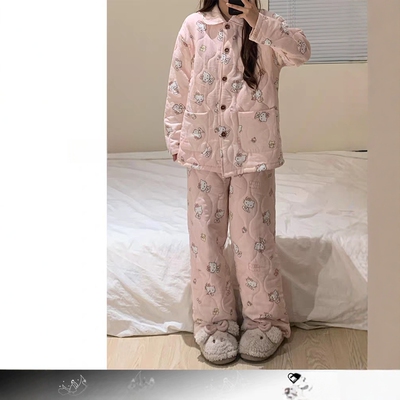 可爱卡通凯蒂猫夹棉睡衣秋冬款女
