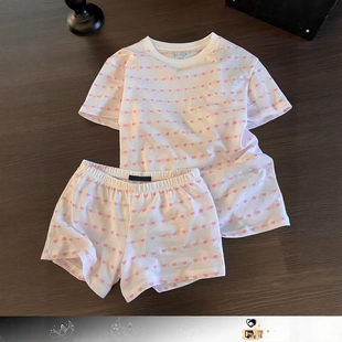 休闲短裤 大码 家居服两件套 睡衣女2026夏款 甜美温柔风爱心印花短袖