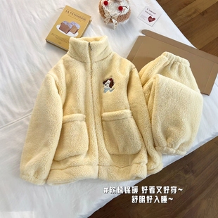 睡衣女款秋冬季加绒加厚珊瑚绒2025新款冬天法兰绒拉链保暖家居服