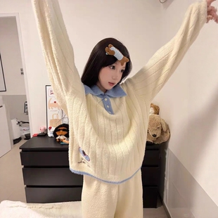 2025新款 加厚加绒半边绒保暖家居服 可爱猫爪珊瑚绒睡衣女春秋冬季