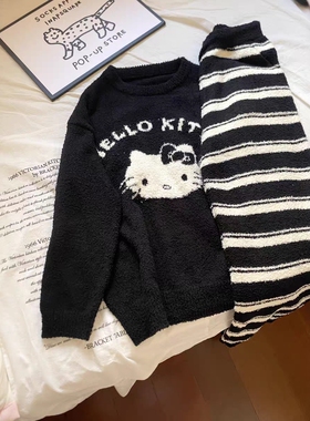 黑色kitty 半边绒睡衣套装女秋冬2025新款软绵绵可外穿加厚家居服