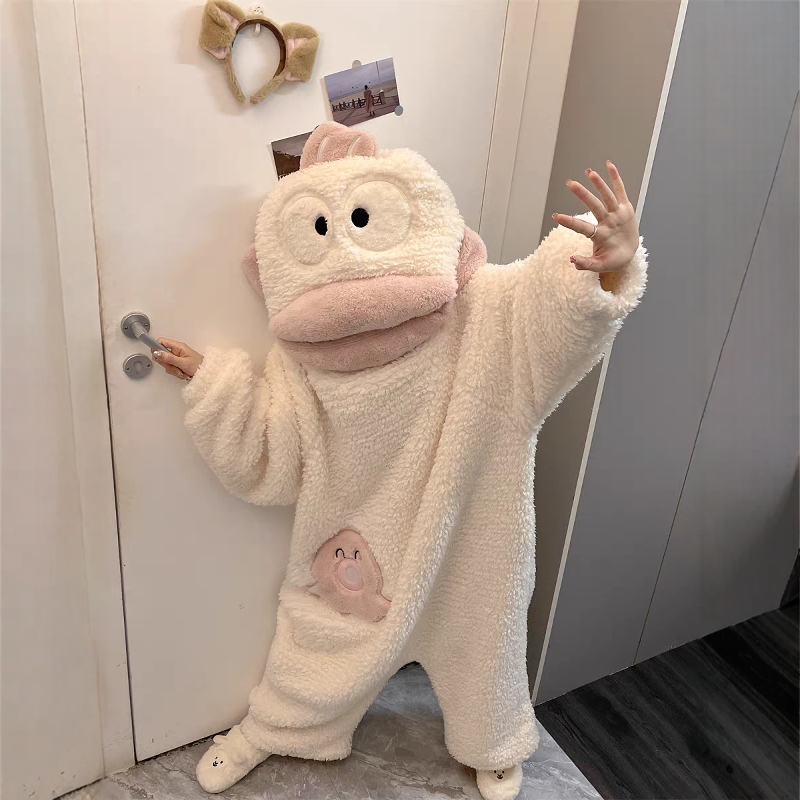 白色丑鱼睡衣连体珊瑚绒秋冬季加