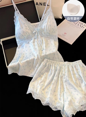 蓝色小花冰丝睡衣女夏季薄款性感可爱蕾丝花边吊带短裤2025家居服