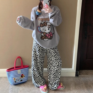 冬季加厚加绒珊瑚绒睡衣女卡通豹纹Kitty凯蒂猫法兰绒套头家居服