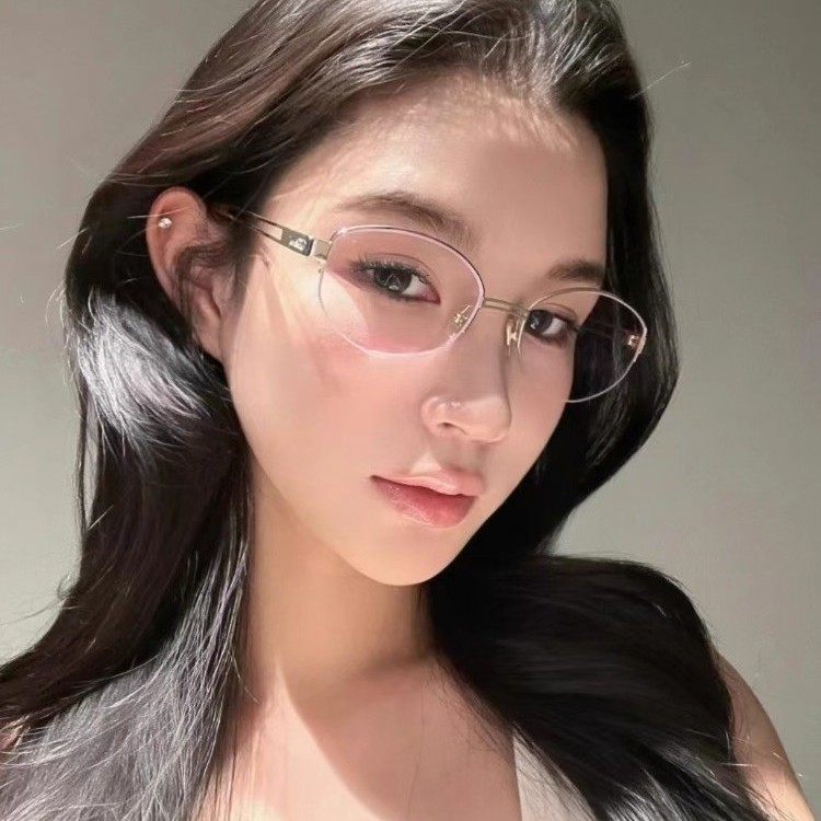 老钱风半框近视眼镜女配散光数高智感椭圆显瘦格雷系防蓝光平光镜