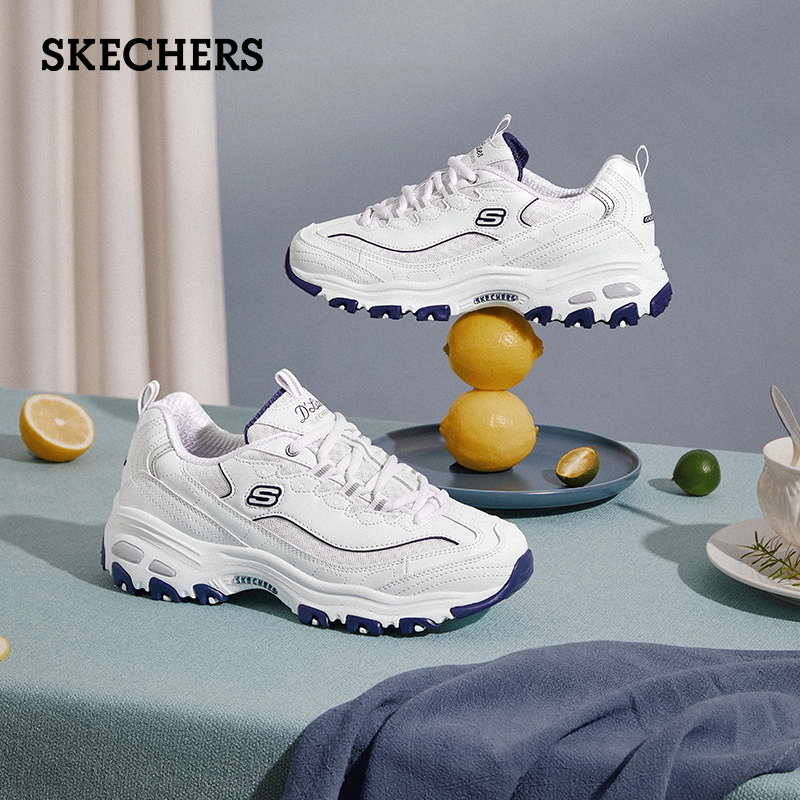 Skechers斯凯奇小白熊海军蓝老爹鞋春季女鞋厚底增高休闲鞋运动鞋