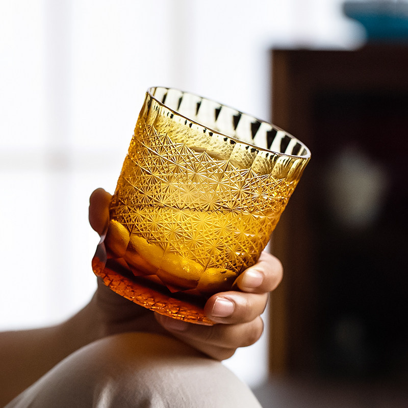 【日本直邮】江户切子威士忌酒杯黄金甲手工洛克杯水晶玻璃洋酒杯