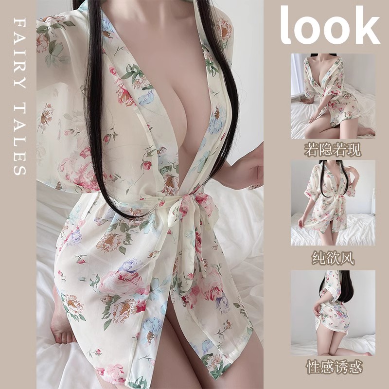 舒适印花睡袍薄款性感宽松浴袍