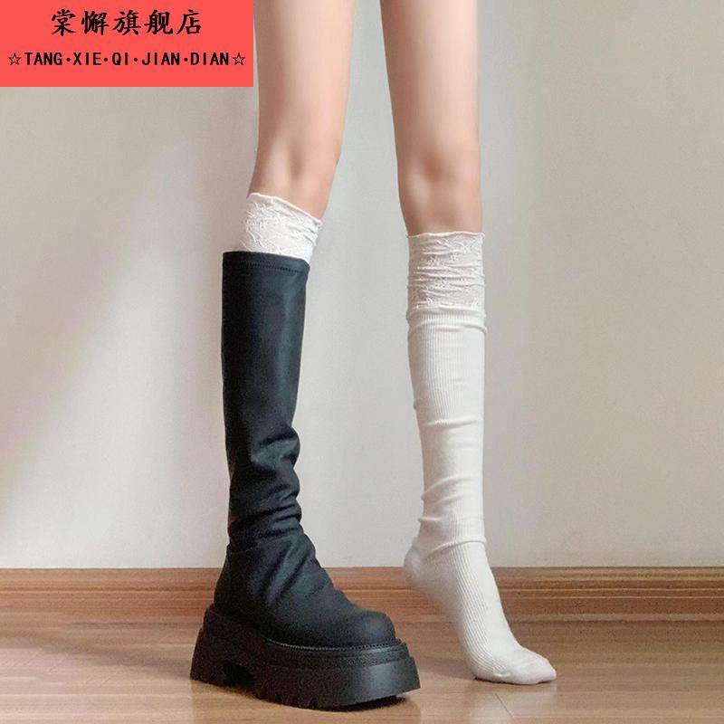 花边过膝袜子配长筒靴日系白色高筒泡泡袜女秋冬保暖纯棉jk小腿袜