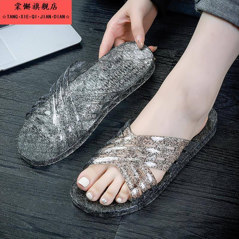 水晶果冻拖鞋女夏季2024新款平底透明洗澡防滑凉拖中年一字拖时尚